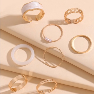 แหวนเซ็ตสีเงินทองเรียบหรูดูแพง 8pcs Faux Pearl Decor Ring