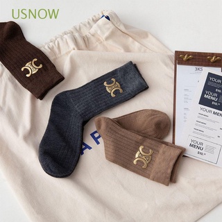 Usnow ถุงเท้าข้อกลาง พิมพ์ลายตัวอักษร ใส่สบาย สีพื้น สําหรับผู้หญิง