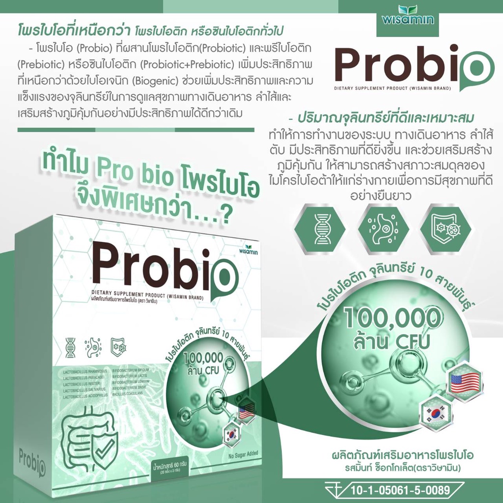 Pro bio โพรไบโอ รสช็อกโกแลตมินท์ จุลินทรีย์ โพรไบโอติกส์ 10 สายพันธุ์ จากเกาหลีใต้ (ตราวิษามิน) จำนวน 1 กล่อง 20 ซอง - รูปที่ 3