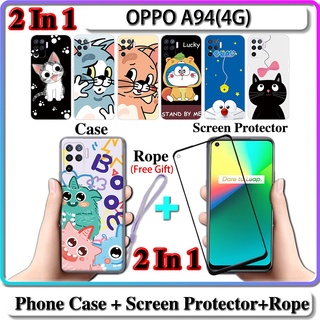 2 IN 1 เคส OPPO A94(4G) เคส พร้อมกระจกนิรภัยโค้ง เซรามิค ป้องกันหน้าจอ แมว และโดราเอมอน