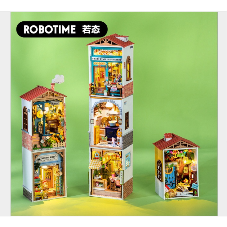 Robotime บ้านตุ๊กตา บ้านจิ๋ว DIY ชุด Minitown ของพร้อมส่งทันที ร้านดอกไม้ ร้านหนังสือ ร้านผลไม้