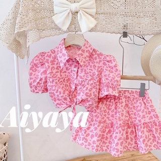 Aiyaya ชุดเสื้อผ้าเด็กผู้หญิง ชุดเอวลอยเด็กผู้หญิง ชุดเซ็ทเสื้อ + กระโปรง พิมพ์ลายเสือดาวสีชมพูของเด็กผู้หญิง（263）