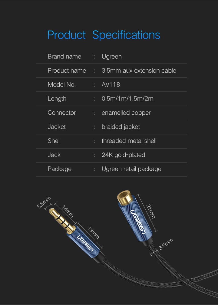 Ugreen สายเคเบิล Aux พร้อมไมค์ เชื่อมต่อแจ็กขยายเสียง จากตัวผู้เป็นตัวเมีย Shopee Thailand 1560