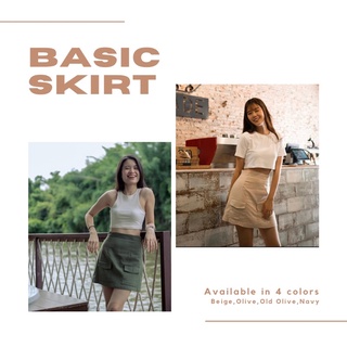 Needs.everyday - BASIC Skirt กระโปรงสั้นเอวสูง ผ้าลินิน มีซับใน (สี Beige / Olive)