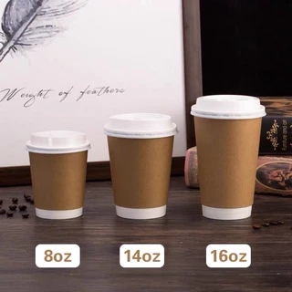 แก้วกาแฟร้อน (25ใบ) สีน้ำตาลคราฟท์ พร้อมฝาขนาด 8oz 14oz 16oz แก้วหนา 2ชั้น