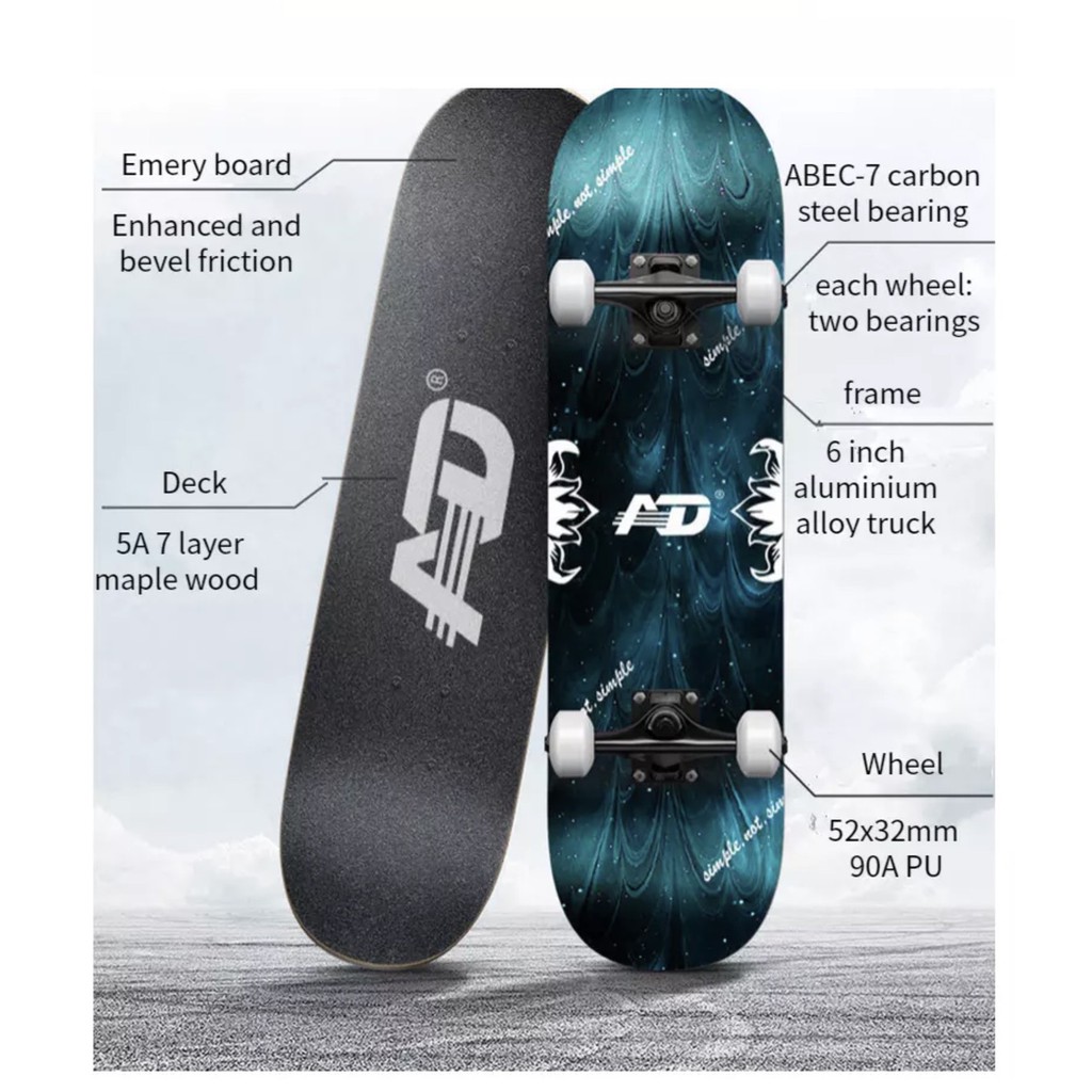 สเก็ตบอร์ด Skateboard skateboards สำหรับผู้ใหญ่และเด็กโต ล้อยาง PU 52 MM เเถมกระเป๋า (รุ่นAD) 1 - รูปที่ 5