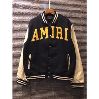 AMIRI VINTAGE APPLIQUE VARSITY BOMBER JACKET เสื้อแจ็คเก็ตเบสบอล แบรนด์เอมิริ สีทูโทน ตัวหนังสือโลโก้แบรนด์ ลายแบนดานา