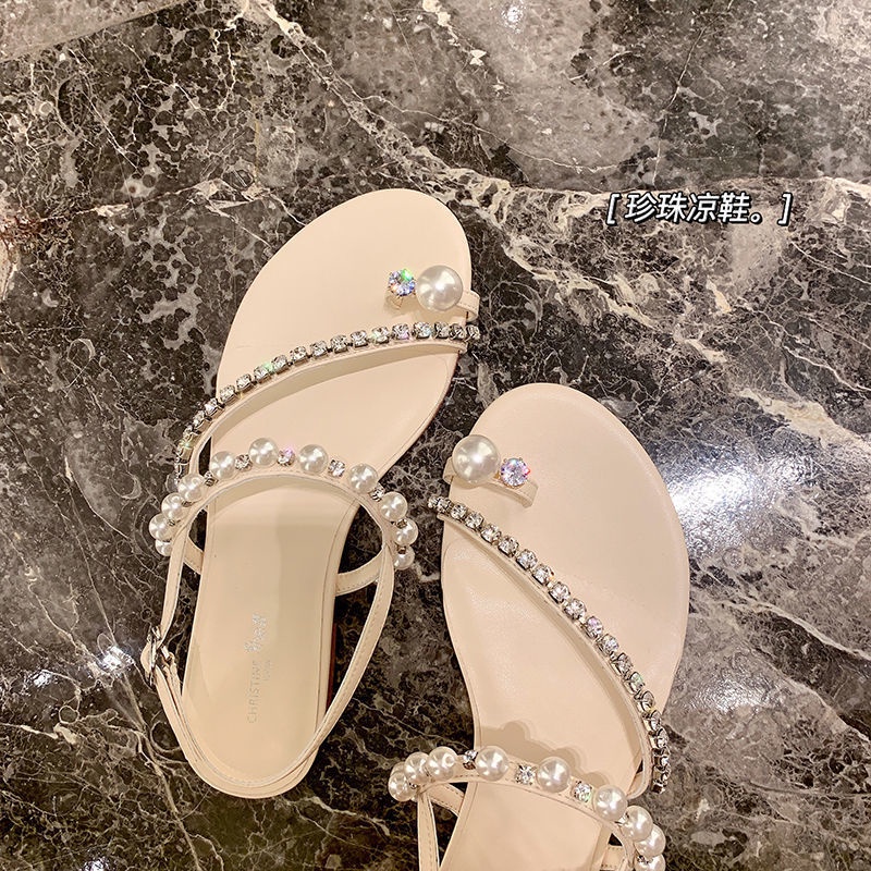 👡35-40เวอร์ชั่นเกาหลีขนาดใหญ่หนึ่งคำกับรองเท้าแตะนางฟ้าฮวงจุ้ยเพชรมุกอารมณ์คลิปฟุตแบนรองเท้าโรมันผู้หญิง