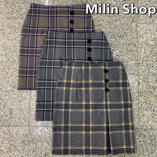 Milin Shop กระโปรงลายสก็อต ทวิตหน้าขา กระโปรงทำงาน