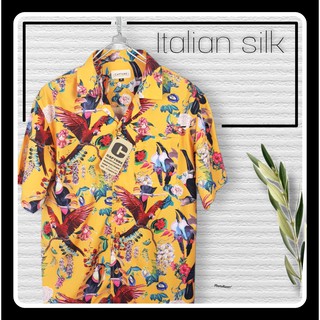 เสื้อเชิ้ตฮาวาย แนวเดอะทอย ลายนกเงือก สีมัสตาร์ด มีถึง อก 48นิ้ว