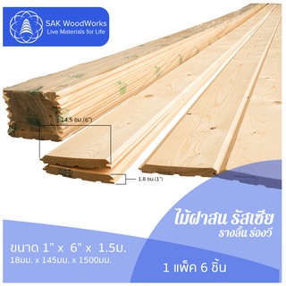 ไม้ฝาสนรัสเซีย รางลิ้น ร่องวี (Beams) ไม้สน ขนาด 1.8ซม. × 14.5ซม. × 1.5ม. แพ็ค 6 ชิ้น SAK WoodWorks