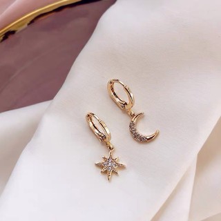 [richa] star-moon hoop earrings ต่างหูห่วง ดวงจันทร์ ดาว ชุบทอง14k+คริสตัล