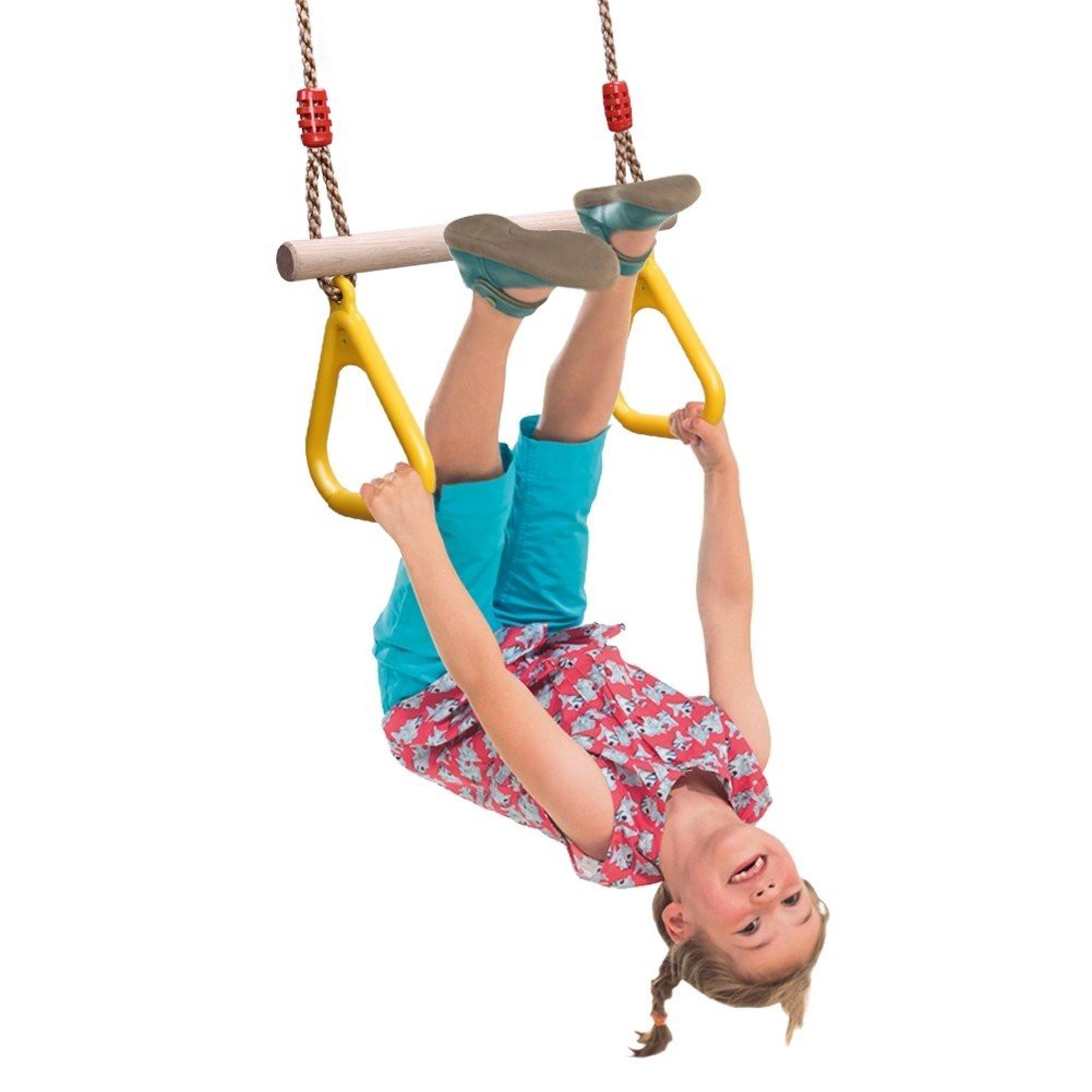 Children Trapeze Swing Bar with Rings Wooden Playset with Plastic Rings