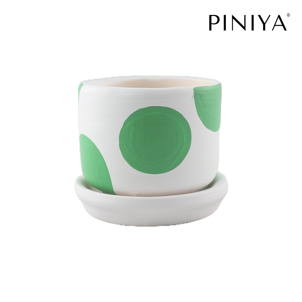 Piniya พินิยา - กระถางต้นไม้ ดินเผา รุ่น น่ารักเล็ก, 9ซม., ลายจุดสี, สี Green (เขียว), พร้อมจานรอง