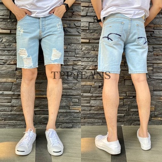 ๋JEANSEXPRESS Shorts Light Blue กางเกงยีนส์ขาสั้นชายสีบลูฟอกซีดขาด กระดุม งานตัดเย็บอย่างดี Size 28-36 รับชำระปลายทาง