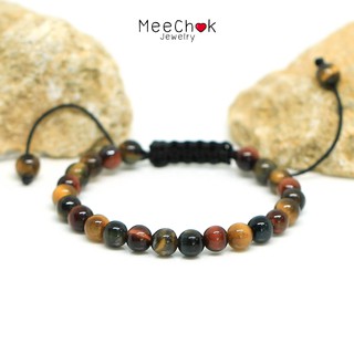 หินไทเกอร์อายส์ 3 สี สามทหารเสือ Three Color Tigers Eye 6 มิล กำไลหิน เชือกถัก ปรับขนาด หินแห่งความร่ำรวย By.Meechok