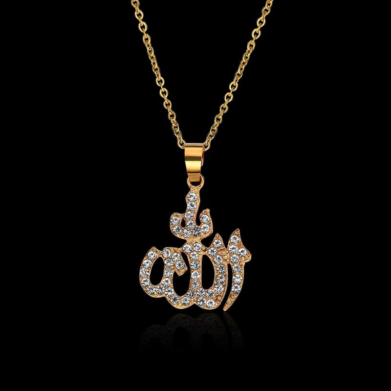 ✿INF✿Arabic Muslim Womens Gold Rhinestone Islamic God Allah Pendant Necklace Jewelry