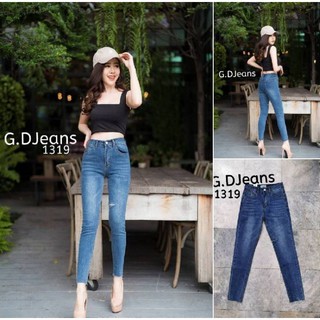 G.D.Jeans รุ่น 1319 กางเกงยีนส์ขายาวผ้ายืดทรงเดฟฟอกสีเข้มขีดขาดหน่วยๆ