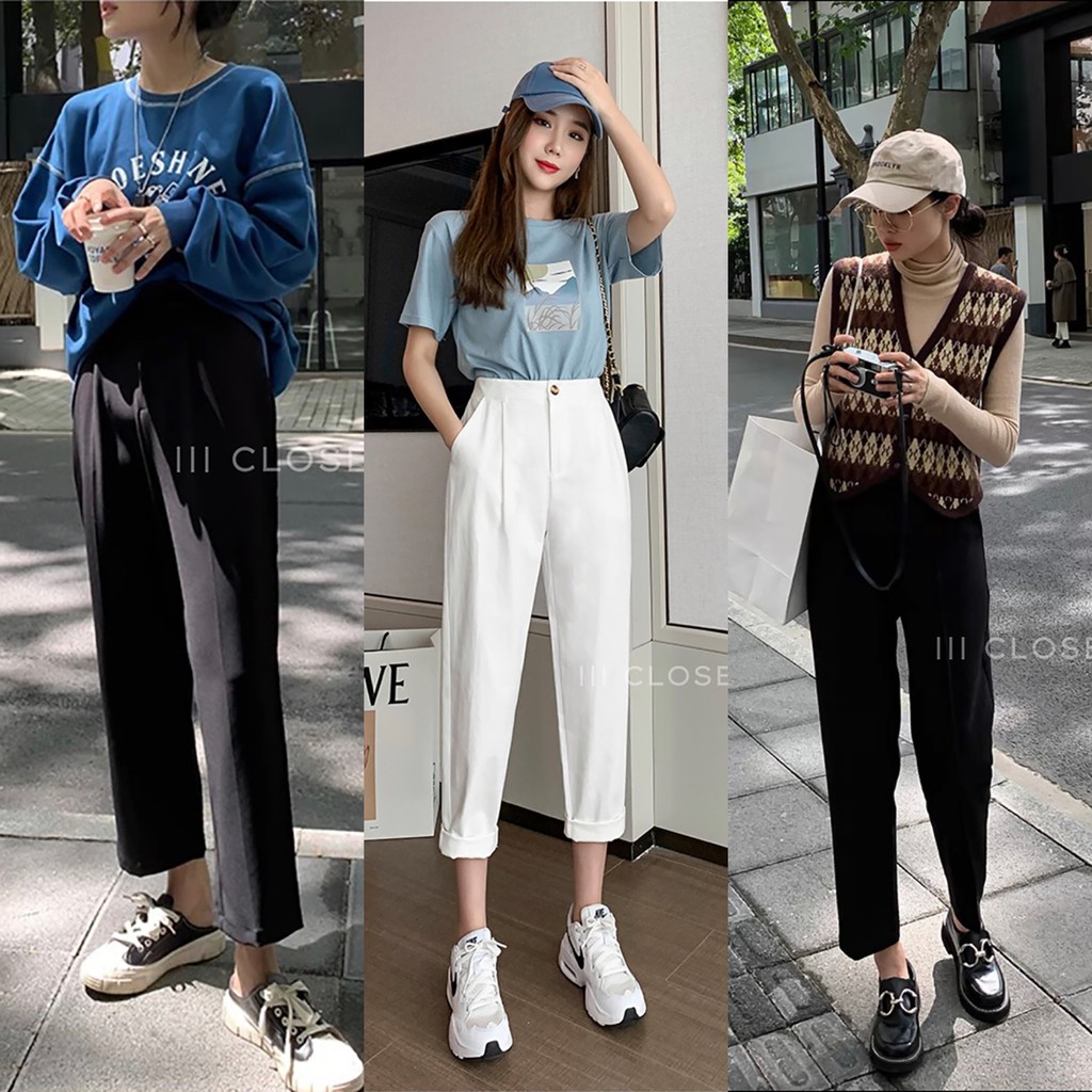 กางเกงขาเดฟ lll Size S M L lll PB504 มีกระดุมหน้า จีบหน้า มีกระเป๋าข้าง เนื้อผ้าบาร์บี้ ทรงสวย ผ้าดี ใส่สบาย