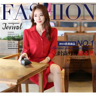 Dinijia ชุดเดรสแขนยาว 2016 Summer fashion chiffon dress slim - Red - Int:XL