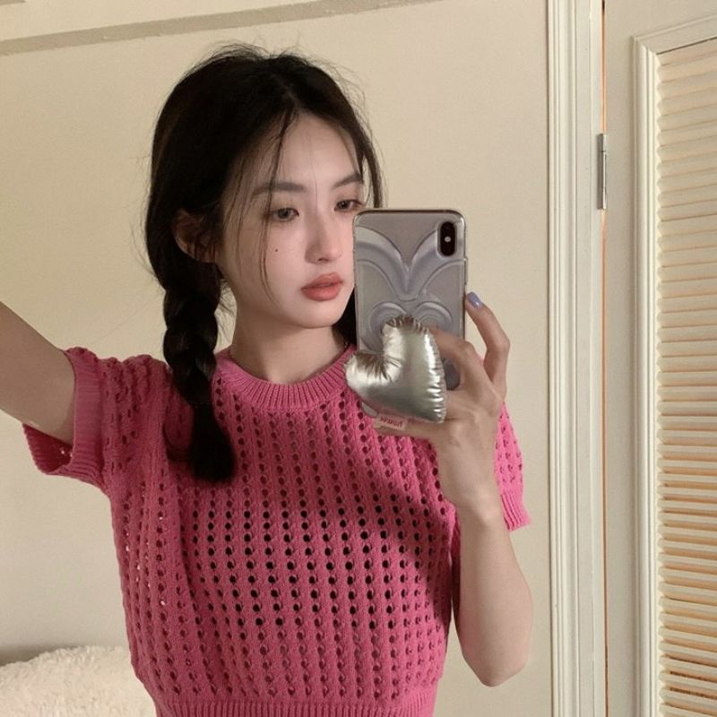 Vogue🌟พร้อมส่ง🌟 เสื้อถักไหมพรมแขนสั้น ซีทรูเบาๆสไตล์เกาหลีมาก (99025/99025-1-C) -N