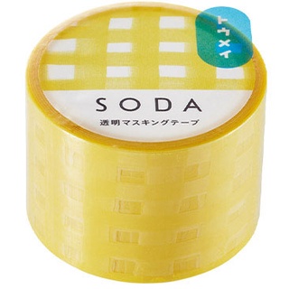 Soda Masking Tape ลายสีเหลืองขาว ขนาด 3 ซม. x 5 ม. เป็นเทปพลาสติกแบบใส ใช้ตกแต่งสิ่งของได้ หนา ทนทาน