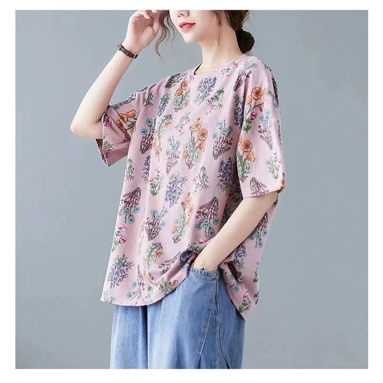 [จัดส่งจากไทย]เสื้อยืดผู้หญิง แขนสั้น พิมพ์ลายดอกไม้ คอกลม ทรงหลวม เนื้อผ้านิ่ม ใส่สบาย - รูปที่ 2