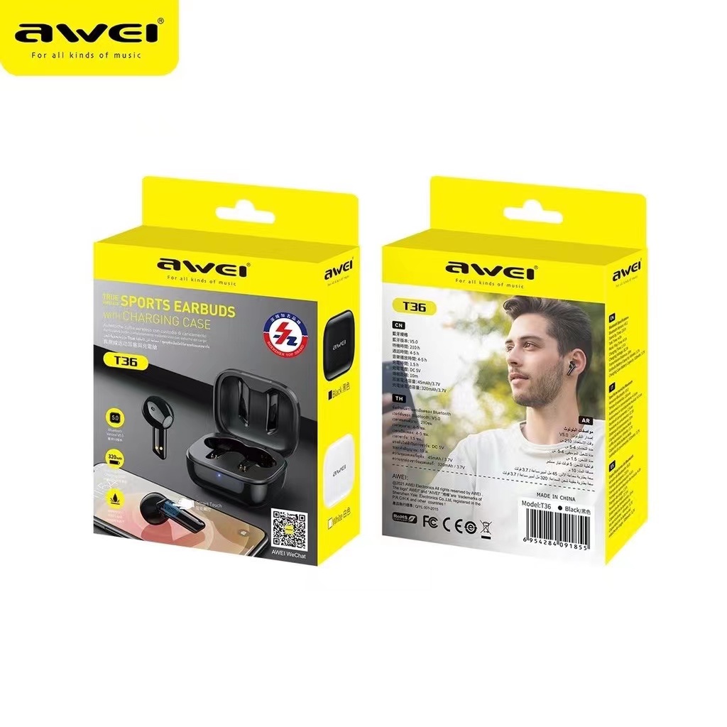 AWEI T36 หูฟังบลูทูธไร้สาย True Wireless พร้อมกล่องชาร์จไฟ Bluetooth V5.1 Mini TWS