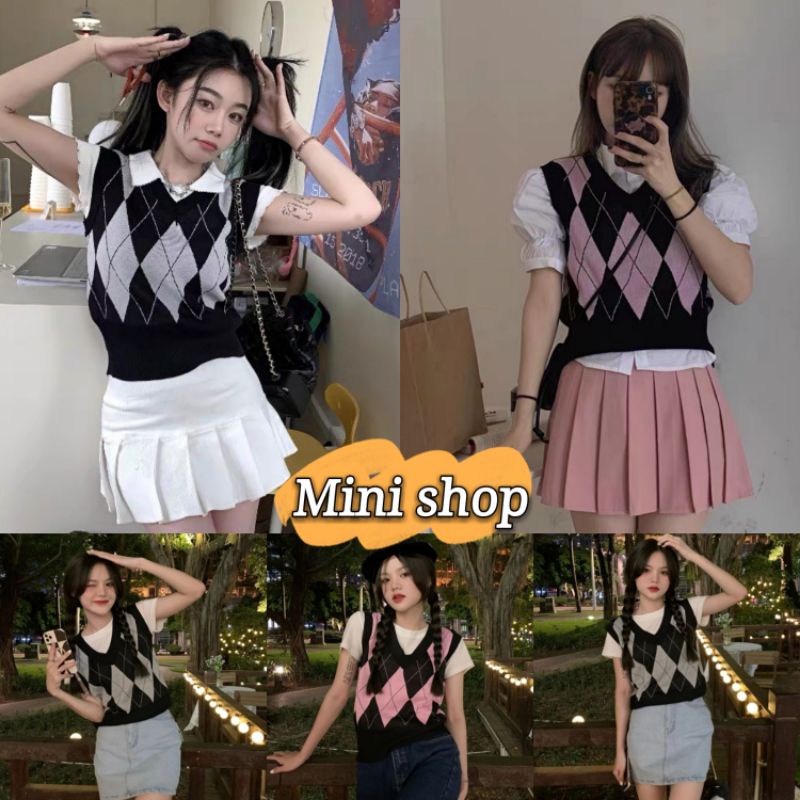 Mini shop พร้อมส่ง เสื้อกั้กไหมพรม ลายตารางหมากรุก น่ารัก (23145)