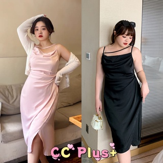 CiCi Plus+(3023)ชุดเดรสสายเดี่ยวผ้าซาติน ผ่าข้างมีความเข้าเอวใส่แล้วดูเพรียวเรียบๆแต่แอบแซ่บนิดๆ สาวอวบPlus Size