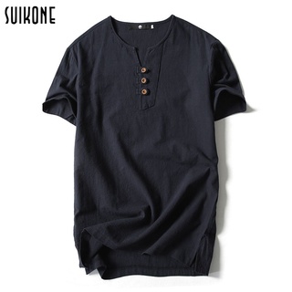 Suikone เสื้อยืดผ้าลินินชายหลวมลำลองระบายอากาศและสะดวกสบาย