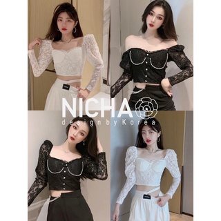 NICHA ONLINE 🛒 🍒ครอปผ้าลูกไม้ แขนยาวแต่งตุ๊กตาแขนพอง แต่งมุกที่เต้านม 🌸🎀🍒