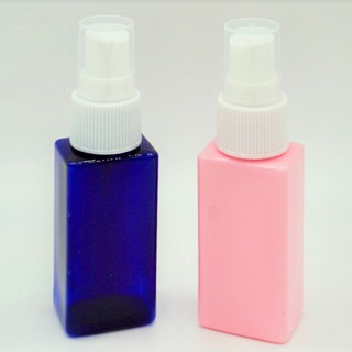 ขวดพลาสติกทรงเหลี่ยม หัวสเปรย์ปั๊ม ขนาด 30 มล. Plastic bottle Spray Pump, Square Bottle blue/pink colors 30ml.