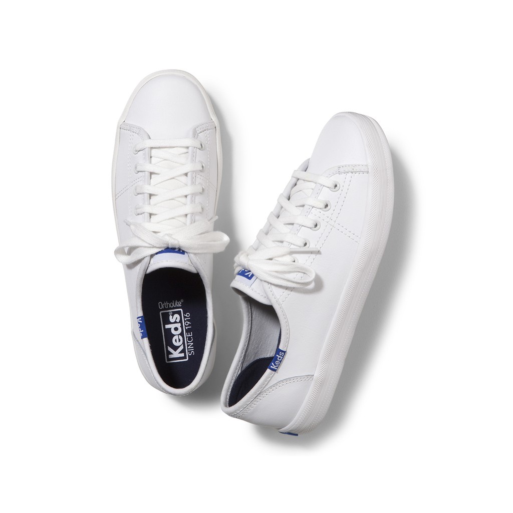 ✼✹KEDS WH57559 KICKSTART LEATHER WHITE/BLUE  รองเท้าผ้าใบผู้หญิง แบบผูกเชือก สีขาว