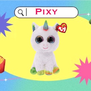 Ty Beanie boos, ตุ๊กตาแบรนด์ Ty แท้, ตุ๊กตาม้ายูนิคอร์น (Pixy), ตุ๊กตาม้าสีรุ้ง สีขาว ตาโต (พร้อมส่ง) (WHITE UNICORN)