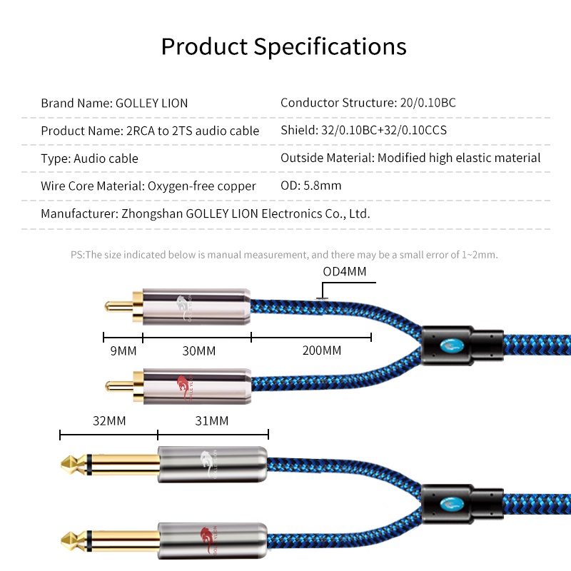 Golley สายเคเบิ้ลเสียงสเตอริโอ Rca To Dual 1/4 นิ้ว Ts 6.5 มม. สีฟ้า ราคา ถูกที่สุด ดีลบีเคเค แกลเลอรีภาพที่ 8