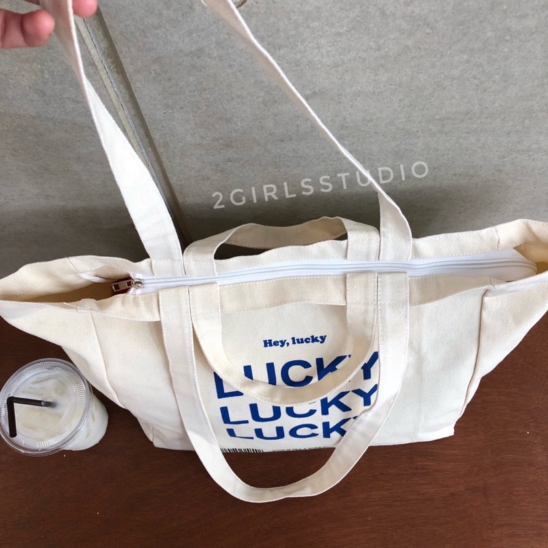 Canvas bag กระเป๋าผ้าแคนวาสขนาดใหญ่ รุ่น Lucky แบบสายสองระดับ สะพายและถือได้ พร้อมส่ง