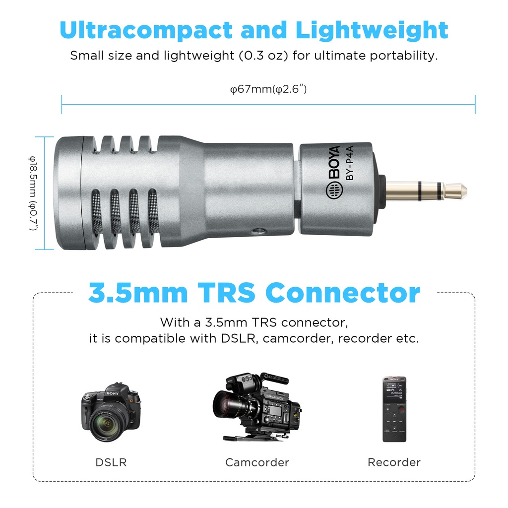 BOYA BY-P4A ไมโครโฟนจิ๋ว 3.5mm TRS ไมค์โครโฟนไร้สาย เหมาะสำหรับ กล้อง DSLR กล้องถ่ายวีดีโอ