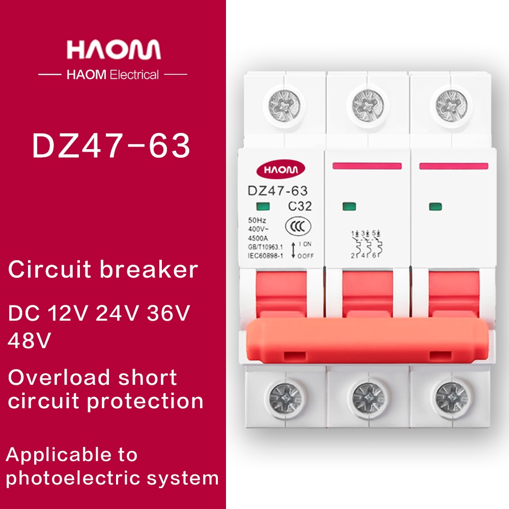 HAOM 3P DC MCB Start Power Switch Protector Mini Circuit Breaker 6A 10A 16A 20A 25A 32A 40A 50A 63 Din Rail Air Miniatur