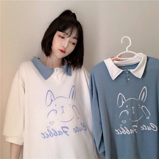 New polo collar short-sleeved T-shirt female student Korean version of loose cute cartoon button lapel five-point sleeve