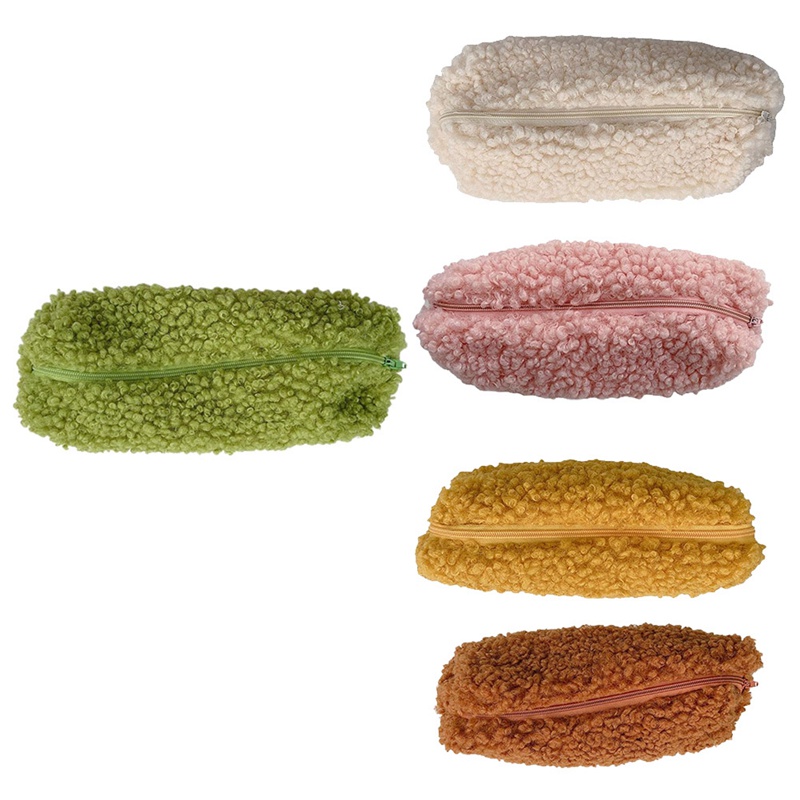 ในสต็อก-ดินสอปากกากระเป๋า Plush Kawaii ซิปกระเป๋าเครื่องสําอาง Make Up Organizer กระเป๋าโรงเรียนอุปกรณ์สํานักงาน (สีเบจ) - รูปที่ 6