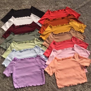 🥳ลดราคา💥 เสื้อครอป Crop Top เสื้อเอวลอย แขนสั้นปาดไหล่  สีเต็มตัว ราคาโรงงานถูกมาก