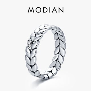 Modian แหวนเงินแท้ 925 รูปใบไม้นําโชค ซ้อนกันได้ เรียบง่าย เ…