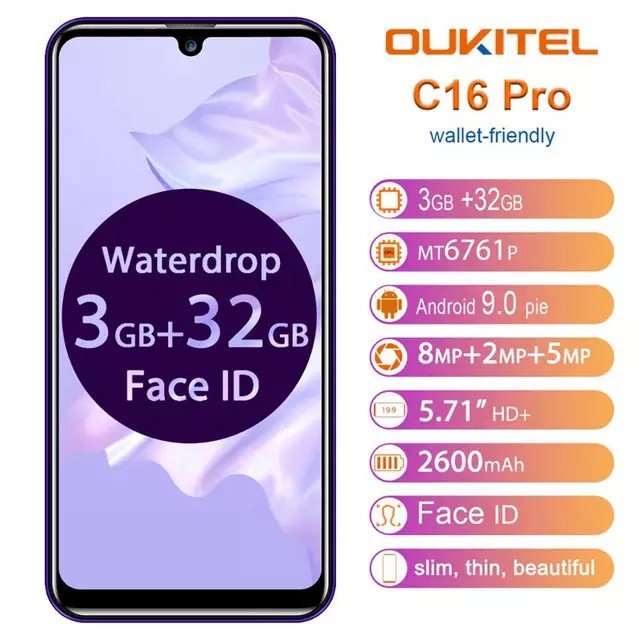 OUKITEL C16 pro 4G กันน้ำ สมาร์ทโฟน จอ 5.71นิ้ว 3GB แรม 16GB รอม แบตอึด2600mAh แอมป์ Android 9.0 Dual Camera Unlock