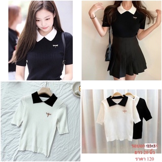 ttshop🌟 พร้อมส่ง 🌟เสื้อไหมพรมแขนสั้นคอปกJennieต้องมีแล้ว