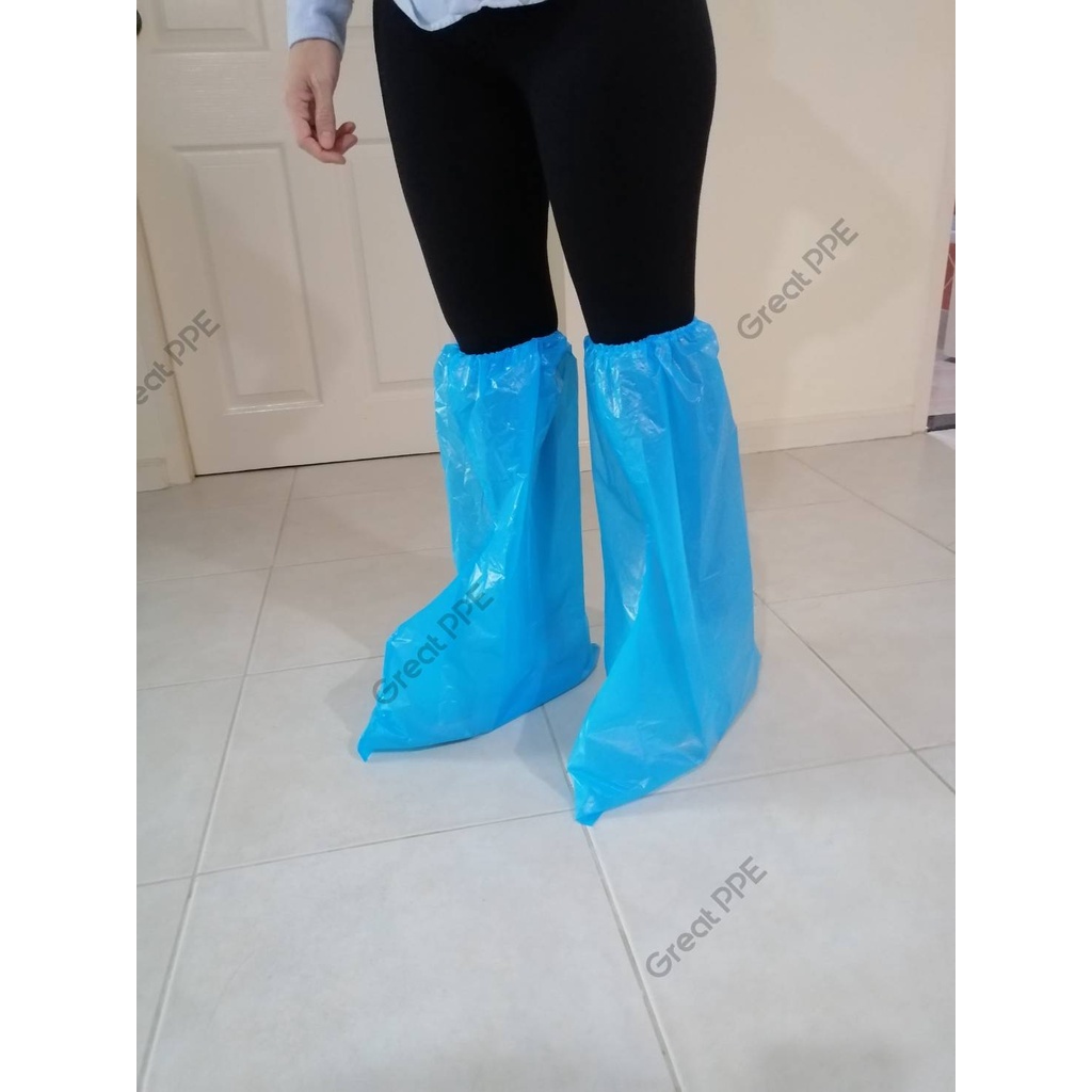 ถุงคลุมเท้า PE ป้องกันเชื้อโรค ป้องกันน้ำ ประกอบชุด PPE แบบยาวคลุมถึงเข่า Leg Cover สีฟ้า และสีขาว