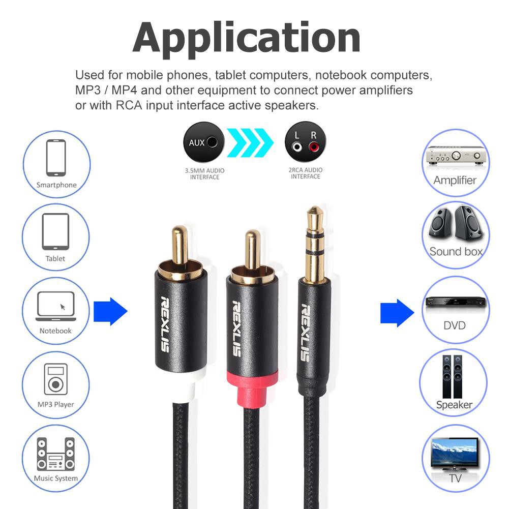 3.5mm Jack Male to 2 RCA Cotton Braided Aux Cable for Home Theater Speaker Jack Male Speaker #7