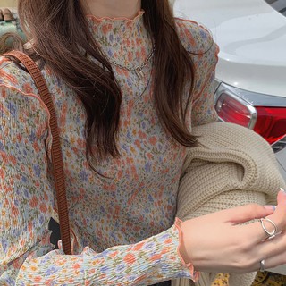 🌸 ZuZu 🌸เสื้อแขนยาวคอสูงลายดอกไม้น่ารัก เนื้อผ้าใส่สบาย