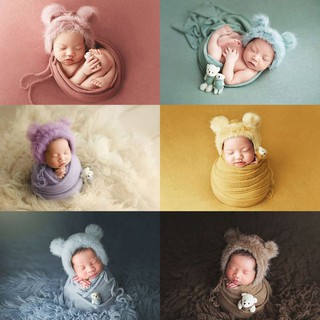 Mary 3 Pcs/set Newborn Photography Props Fluffy Stretch Knit Wrap with Hat Bear Toy