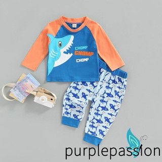 Purplepassion ชุดเสื้อแขนยาว พิมพ์ลายตัวอักษรฉลาม และกางเกงขายาว สําหรับเด็กผู้ชาย 2 ชิ้น